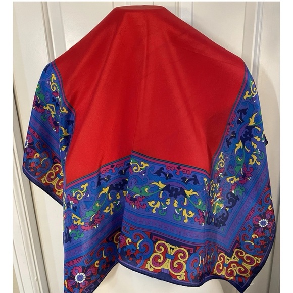 Liz Claiborne Silk Square Scarf Blue Red Yellow Floral Geometric 31" x 31" Vtg - Picture 4 of 7